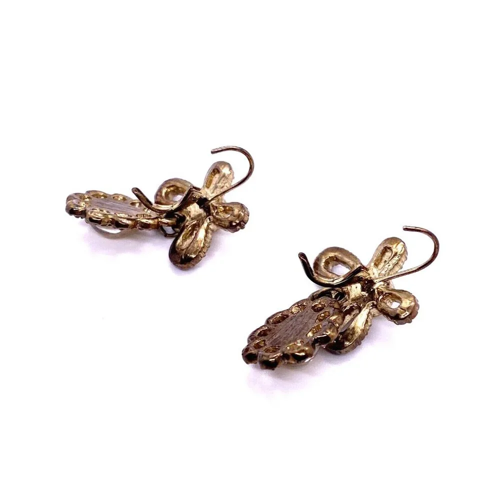 Vintage Gold Tone Crystal Flower Drop Earrings Dangle Rhinestone Art Deco 50s